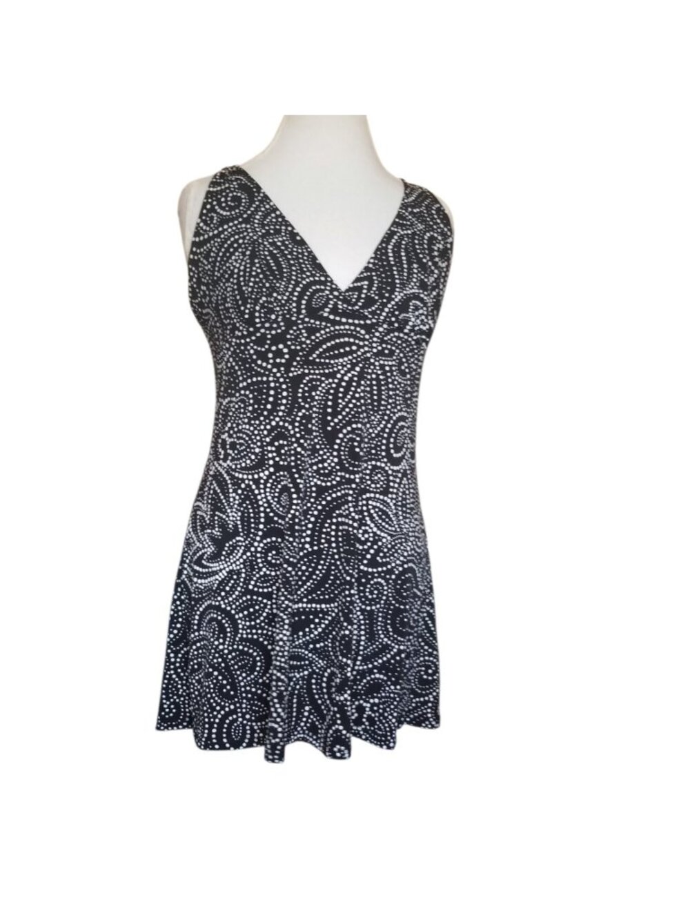 Y2K Babydoll Mini Dress Black Dotted Paisley Sz 10 Slinky V-neck Sleeveless